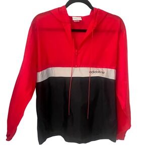 Vintage Adidas Colorblock Windbreaker Red Blk Wht Hooded Lightweight. Medium
